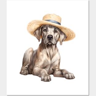 Watercolor Great Dane Dog in Straw Hat Posters and Art